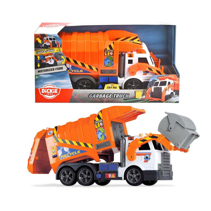 203308369 Dickie Garbage Truck free wheel light sound B/O lifting fork wt - Toyz Show - 