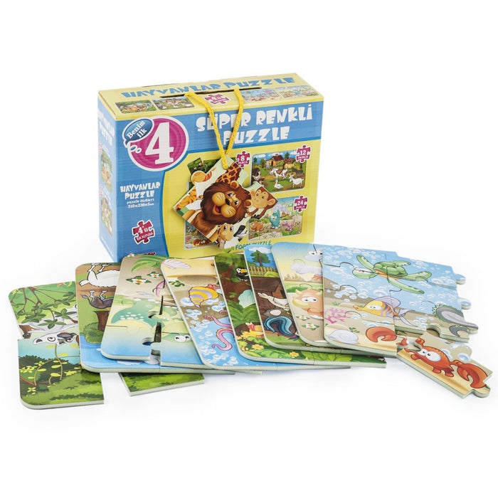 1481 DıyToy Süper Renkli 4'lü Puzzle - Hayvanlar / 8+12+16+24 Parça Puzzle - Toyz Show - 